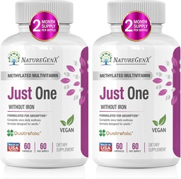 Just One Daily Methylated Multivitamin with Methyl B12, Quatrefolic Methylfolate, Pure MTHFR Supplement für Männer und Frauen ohne Eisen, 2 Flaschen (60 Vegan Capsules), USA-Made