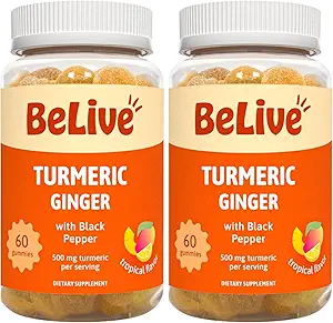 BeLive Turmeric Curcumin mit schwarzem Pfeffer & Ginger - 500 mg Turmeric und Ginger Supplement für Immununterstützung, Gesunde Haut und Mobilität - Tropical Flavor | 60 Count