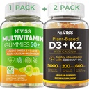 NEVISS 50+ Daily Gummy Multivitamin Algae Omega 3 & Calcium, CoQ10, Magnesium + Vitamin D3 5000IU Gummies 125mcg with Calcium 600mg, K2(MK7) 200mcg