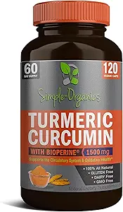 Kurkuma Curcumin mit Bioperine, Schwarzer Pfeffer Extrakt für Absorption, natürliche Gelenkunterstützung und allgemeine Gesundheit, 1500mg pro Servierung, 120 Vegan Kapseln
