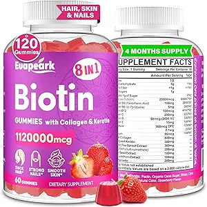 Biotin-Gummien für Frauen und Männer, 8 in 1 Bio-Formel, Max Strength Biotin und Collagen-Gummien mit Keratin, Folsäure & Vitamine, für Haarwachstum, Haut und Nails-Ergänzung, Sugar Free,120 Count