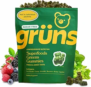 Grüns Adult Sugar-Free Super Greens Gummis - Superfood Gummy Bears mit Spirulina, Chlorella, Fiber & Prebiotics für Verdauungsgesundheit, Adaptogen Supplement mit 20 Vitaminen & Minerals, 2 Wochen Versorgung
