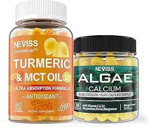 NEVISS Sugar Free Turmeric Curcumin Gummis + Marine Algae Calcium Supplement 600mg, hohe Absorption, Vegan