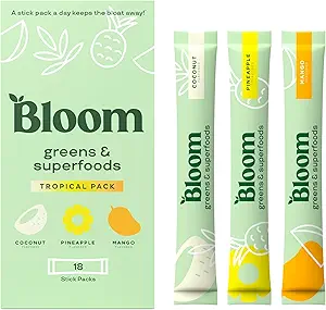 Bloom Nutrition Superfood Greens Powder Stick Packs, Verdauungsenzyme mit Probiotika und Präbiotika, Gut Health, Bloating Relief für Frauen, Chlorella, Green Juice Mix, 18 SVG, Tropical Variety