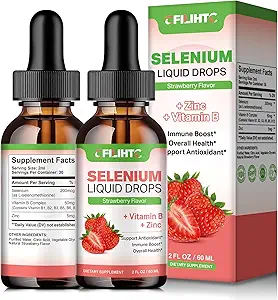 Selen-Flüssigtropfen - 200mcg Flüssiges Selen-Zusatz mit Vitamin B-Komplex & Zink - Unterstützung für Immunsystem, Antioxidans & Herzgesundheit, hohe Absorption - Erdbeer-Flaschen, 2 Fl Oz
