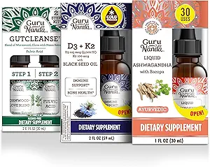 GuruNanda Total Wellness Boost mit flüssigem Ashwagandha, schwarzem Seed Oil & GutCleanse - Hilft mit Immunität und Mind Care