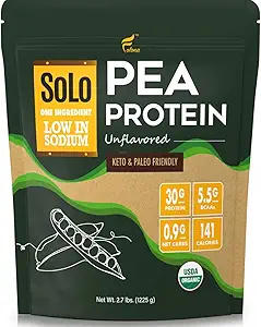 Solo Organic Pea Protein Powder, Low in Sodium, Canada Grown Peas, 100% Vegan, Non-GMO, Unflavored Plant Based Protein mit BCAA (2.7 lbs)