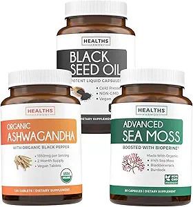 Sparen Sie $8 (16% Rabatt) - Harmony Essentials: Wellness Trio Bundle - Schwarzes Seed Oil -100% Kaltgepresste Nigellia Sativa | Organic Ashwagandha - Natürliche Adrenal & Schilddrüse Unterstützung | Irish Sea Moss - Vegan