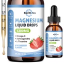 Triple Magnesium Complex Liquid Drops, 1300mg Magnesium Glycinat, Taurate & Citrate mit Omega3, L-Theanin, Ashwagandha, Kalium, D3, B6, B12 für Kalm, Schlaf, Muskel, Erdbeeren Geschmack, 2 Fl OZ