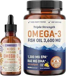 Omega 3 Fish Oil Softgels und Omega 3 Flüssigkeitstropfen für Kinder | EPA, DHA & Algenöl für Herz, Gehirn und Immununterstützung | Omega 3 Bundle für die ganze Familie