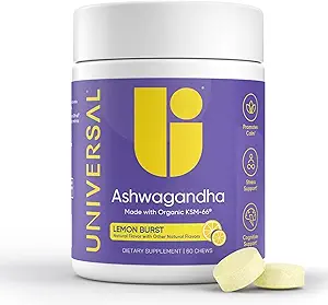 Ashwagandha KSM- 66 Chews - Täglicher Stress, kognitive Funktion und Stimmung Unterstützung Kaubare Ergänzung, Hochverfügbar Vollspektrum KSM66 Ashwagandha Root Extract, Calm & Relaxation - Lemon, 60 Count