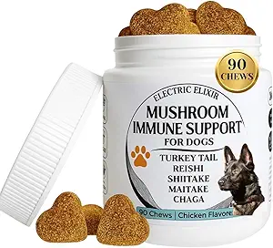 Hunde Immununterstützung Pilzergänzung - Unterstützt Langlebigkeit, Kognition, Gelenk, Cellular & Gut Gesundheit - All Natural Organic, GrainFree - Hilfe für Lumps und Bumps, Huhn Flavor - 90 Chews
