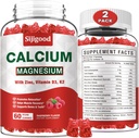 2 Pack Calcium Magnesium Zink-Gummien mit Vitamin C D3 K2, Calcium-Gummien für Knochen, Muskel, Kalm & Zzz-Unterstützung, hohe Absorptionsformel mit Magnesium Zink Kalium, Himbeer Flavored 120 Cts