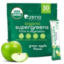 Zena Nutrition Bio Super Greens Powder, 70+ Superfoods, 0 Zucker, 3G Fiber, Spirulina, Chlorella, Antioxidantien, Präbiotika/Probiotika, Verdauungsenzyme, Grüner Apfel, 30 Drink Mix Packets
