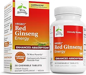 Terry Naturally HRG80 Red Ginseng Energy - Support Gesunde Energie & Fokus - Kräuterergänzung mit koreanischen Rot Ginseng Wurzelpulver - Vegan Tabletten zur Unterstützung gesunder Ausdauer - 30 Kautabletten
