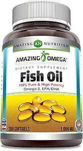 Erstaunlich Omega Fish Oil 1000 mg Softgels Supplement | Omega-3, 180 mg EPA. 120 mg DHA | Hohe Potenz (400 Count | 2 Pack)