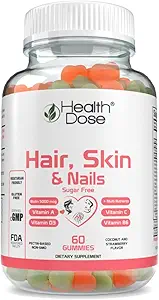 Health Dose Hair Skin Nails mit Biotin 5000 mcg, Vitamin A,D3,C & B6, Gluten & Sugar Free, Coconut & Erdbeer Flavor 60 Count Gummis.