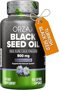 ORZAX Black Seed Oil Cold Pressed 100% Pure | Non-GMO – Rich in Omega 3 6 9 & Thymoquinone | Black Cumin Nigella Sativa Öl für Immununterstützung, Haar, Haut, Gesicht (150 Softgel Kapseln)