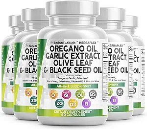 Saubere Nutraceuticals Oregano Öl Knoblauch Extrakt Olivenöl Blatt Schwarz Samen Öl- Immununterstützung & Verdauungsergänzung für Frauen und Männer mit Vitamin D3 & Zink - 5Pack