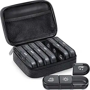 ZIKEE Large Weekly Pill Case Organizer 3 Mal am Tag, Portable Light Proof Canvas Tasche Pille Box 7 Tag, um Ihre Privatsphäre und Store Medikamente zu schützen, Vitamin, Fish Oil, Supplement (Schwarz)