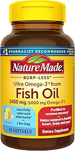 Nature Made Burp-Less Ultra Omega-3 von Fish Oil 1400 mg, Nahrungsergänzung für gesunde Herzunterstützung, 45 Softgel, 45 Tage Versorgung
