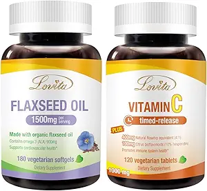 Lovita Flaxseed Oil & Vitamin C Nährstoffe Bundle. Nahrungsergänzungsmittel unterstützt bessere Ernährung und insgesamt Wohlbefinden