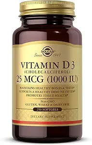 Solgar Vitamin D3 (Cholecalciferol) 25 MCG (1000 IU), 250 Softgels - Hilft gesunde Knochen und Zähne - Immunsystem-Unterstützung - Non-GMO, Glutenfrei, Dairy Free - 250 Servietten