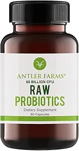 Antler Farmen - Raw Probiotics for Digestive Health 60 Billion CFU, 60 Kapseln - Präbiotika & Probiotika mit Verdauungsenzymen, 100% Vegan, Non-GMO, Regal-Tabelle für Frauen & Männer