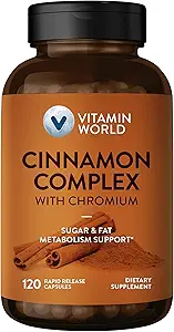 Vitamin World Cinnamon Complex mit Chrom, 1000 mg Cinnamon Ergänzungen mit hochkarätigem Chrom für gesunden Stoffwechsel und Antioxidantien Schutz, 120 Kapseln, 2 Monate Versorgung, Glutenfrei