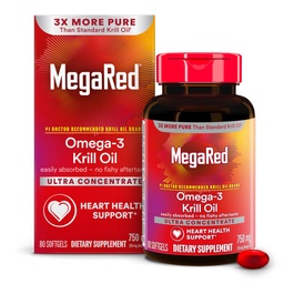 MegaRed Antarctic Krill Oil 750mg, Omega-3-Fettsäure-Supplement, Ultrakonzentrat EPA & DHA Softgels, Antioxidans Astaxanthin, Herzgesundheitsergänzung ohne Fischöl-Nachgeschmack, 80ct