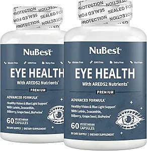 NuBest AREDS 2 Augen Vitamine mit Beta Caroten Karottenpulver, 20mg Lutein, 4mg Zeaxanthin, Bilberry, Grape Seed, BioPerine, B-Komplex, Multivitamin für Augengesundheit | Pack 2