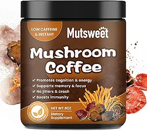 Pilz Kaffee, Leistungsstarke 12 in 1 Pilze Pulver mit Lion's Mane, Türkei-Tail, Chaga & More, Immune Boosting Instant Arabica Kaffee Mix mit Cacao, L-Theanine für Fokus, Energie