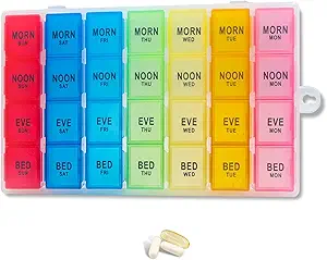 Wöchentliche Pille Organizer 4 Mal pro Tag, 7-Tage Pillen Boxen, Monatliche Medikamente Organizer 28 Tage Portable Compartments & Moisture-Proof Outer Case für Vitamine, Fischöle, Supplements(Farbe)