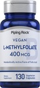 Piping Rock L MethylFolate Supplement | 400 mcg | 130 Kapseln | Vegetarisch, Vegan | Non-GMO, Glutenfrei