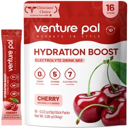 Venture Pal Sugar Free Electrolyte Powder Packets - Liquid Daily IV Drink Mix for Rapid Hydration & Party Recovery | 5 Vitamine & 7 Elektrolyte| Keto Friendly | Non-GMO | Certified Vegan | 16 Sticks