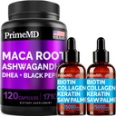 4-in-1 Liquid Biotin Collagen Keratin Saw Palmetto Tropfen (2 fl oz - 2 Pack) & 6-in-1 Maca Root Ashwagandha w Black Pepper Fruit (120ct) Bundle - Haar, Haut, Nägel, Energie &amp; Mood Support Supplement