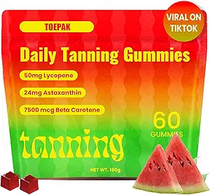 60 Pcs Natural Tanning Gummies, Astaxanthin 24mg Lycopen 50mg Plus Beta Carotene 7500 mcg, Beste Astaxanthin Ergänzungen für Haut Gesundheit & Glow, Non-GMO, saure Wassermelone Geschmack