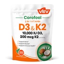 VEV Corefeel Vitamin D3 K2, 10.000 IE D3, 200mcg K2 (mit MK7), Unterstützt die Gesundheit von Knochen und Zähnen, Duale Nährstoffunterstützung für das tägliche Wohlbefinden, Einfach zu schlucken - 300 Kapseln