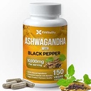 Ashwagandha Kapseln, 150 Vegan Kapseln, 10,100 Mg pro Kapsel – 100% natürliches Ashwagandha Root-Extrakt-Pulver und schwarzer Pfeffer-Extrakt, Non-GMO, Gluten-frei