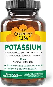 Country Life Potassium 99 mg Tabletten - Chelat für verbesserte Absorption, unterstützt Neuromuskulärfunktion & Elektrolyt Balance, zertifiziert Glutenfrei, Vegan, Kosher, 250 Tabletten