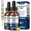 (2 Pack) Magnesium Glycinat, Citrat, Malate Liquid Drops-Triple Magnesium Complex Supplement 500mg mit Ashwagandha, L-Theanin, Vitamin B6-Support Calm, Stress Relief, Schlaf, Muskel-Lemon Flavor