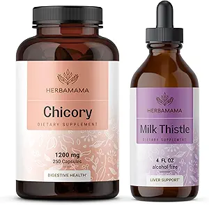 HERBAMA Chicory and Milk Thistle Kit - Bundle von 1200 mg Chicory Root Capsules & Milk Thistle Tincture 4 fl oz - Vegan, Non-GMO, Sugar & Alcohol-Free - 2 Pack