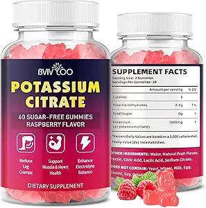 Kalium-Zitrat-Gummi für Erwachsene, Zuckerfreies Kalium 1000mg Unterstützung Leg Cramps & Elektrolyt Balance Hohe Potenz 60 Count
