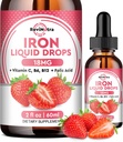 Flüssige Eisen-Ergänzung für Frauen, Männer & Kinder, Flüssige Eisen Tropfen mit Folat, Vitamin C, B6, B12 für Anämie, Rote Blutzelle, Energie-Unterstützung, Erdbeer Flavor, 2 Fl Oz