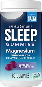 Natürliche Vitalität CALM Schlafgummis Magnesium-Ergänzung, Melatonin & Magnesium Citrat, Schlafhilfegummis, L-Theanin, Glutenfrei, Hilft den Körper in Schlaf, Blueberry Granatapfel 60 Count