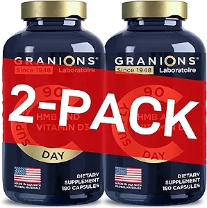 Granions HMB und Vitamin D3 Supplement - Muskel-Recovery, Beta Hydroxy Butyrate Pre Workout Muskel-Erbauer, Masse Gainer - 1000 MG mit D3 und Kalzium - 360 HMB Kapseln, 6-Monats-Versorgung