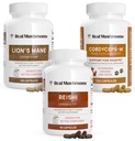 Reale Pilze Gehirn, Vitalität und Immununterstützung Bundle - Lion's Mane Cognition Capsules (120 Kapseln) + Reishi 415 Longevity Capsules (90 Kapseln) & Cordyceps-M Peak Performance (120 Kapseln)