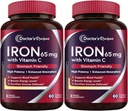 Arzt Rezepte Eisenergänzung 65 mg mit Vitamin C - Maximierte Absorption & Stomach Freundliche Eisen Pillen für die Bildung von roten Blutkörperchen, Herz, Gehirn & Immunität Gesundheit - Vegan 120 Tabs (Pack von 2)
