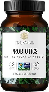 Truvani Probiotic Supplement | 30 Servierungen | 15 Billion CFU | 15 Diverse Strains für Verdauungs-, Immun- und Gehirngesundheitsunterstützung | Regalstabile vegane Kapseln | Non-GMO, keine Füllstoffe