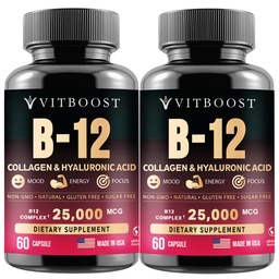 B12 Methylcobalamin mit Hyaluronsäure, Kollagen und Folat – 25000 mcg Supplement Enhance Absorption & Boost Energy | Glutenfrei, Made in USA, B1, B2, B3, B6, B7 Complex - Paket von 2
